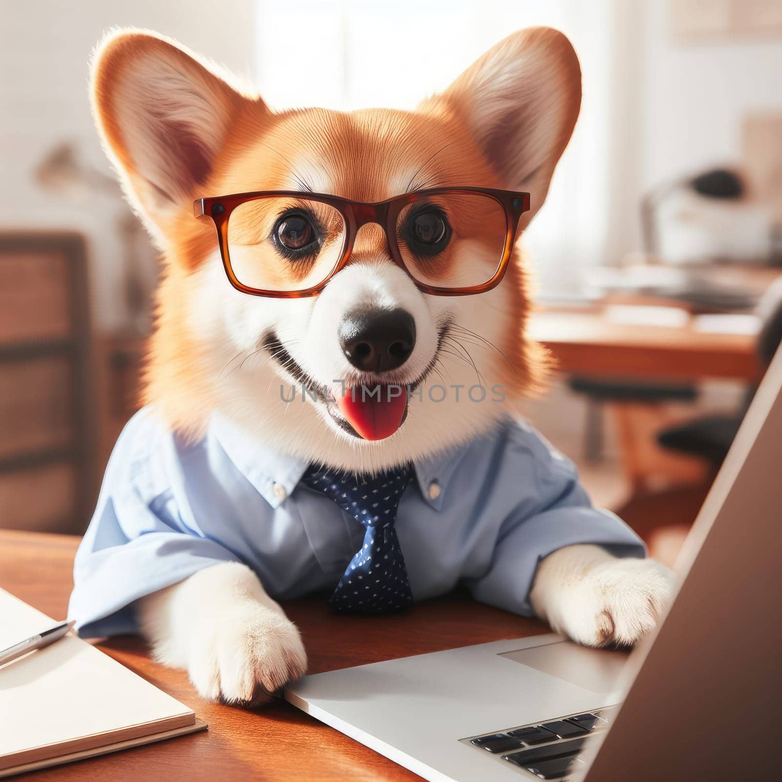 Cute corgi dog looking into computer laptop working in glasses and shirt by Kobysh