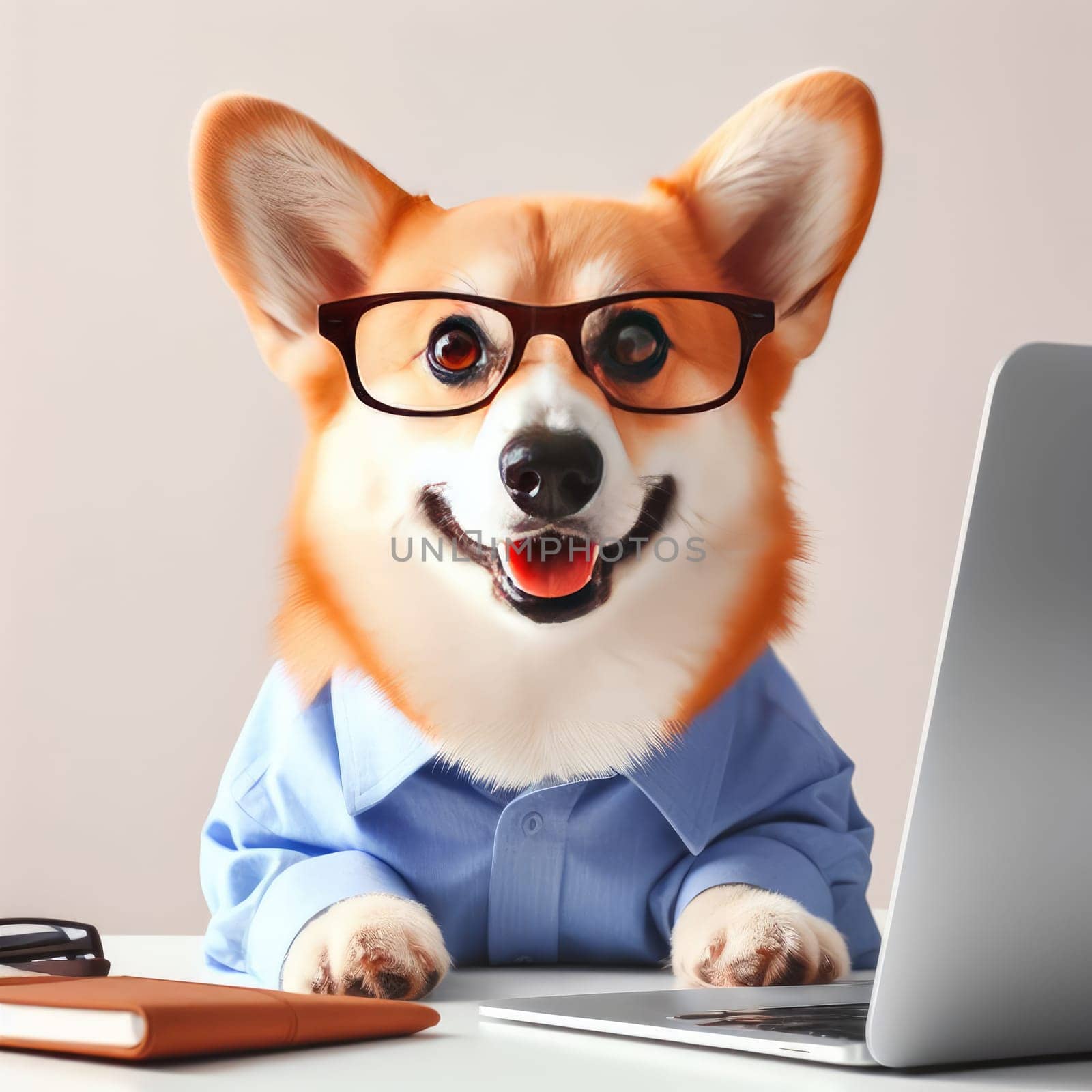 Cute corgi dog looking into computer laptop working in glasses and shirt.