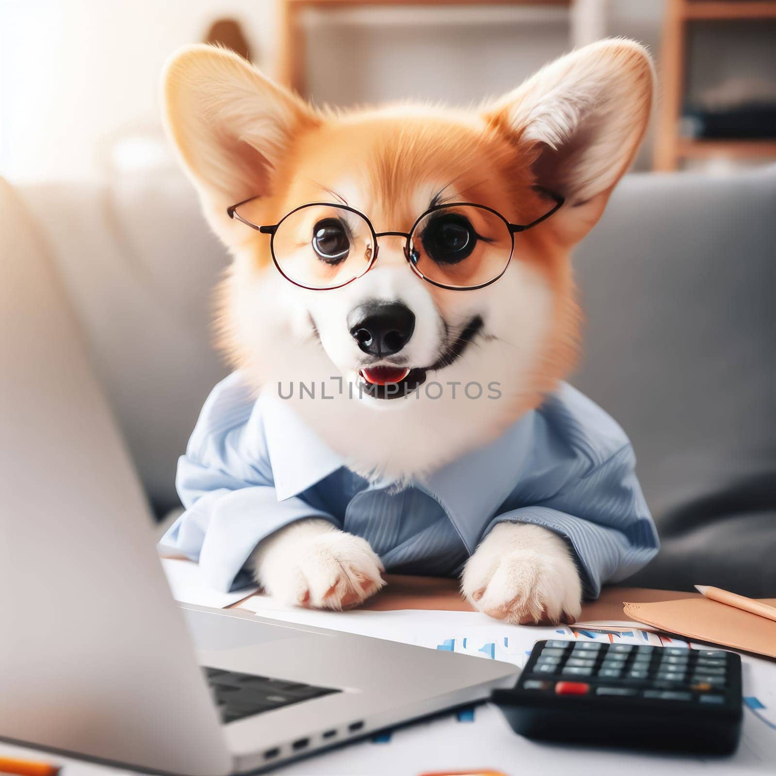 Cute corgi dog looking into computer laptop working in glasses and shirt.