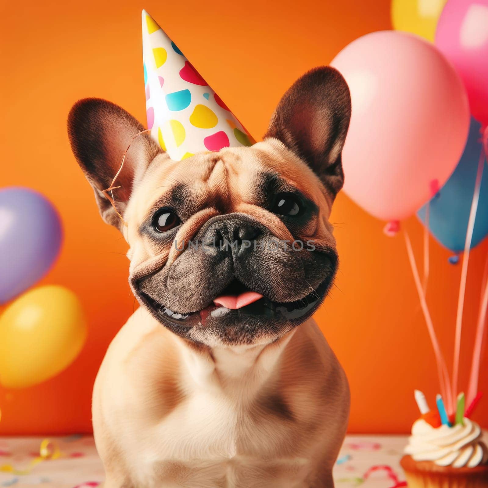 a French bulldog puppy in a birthday hat sits on a white background. the concept of funny adorable pets.