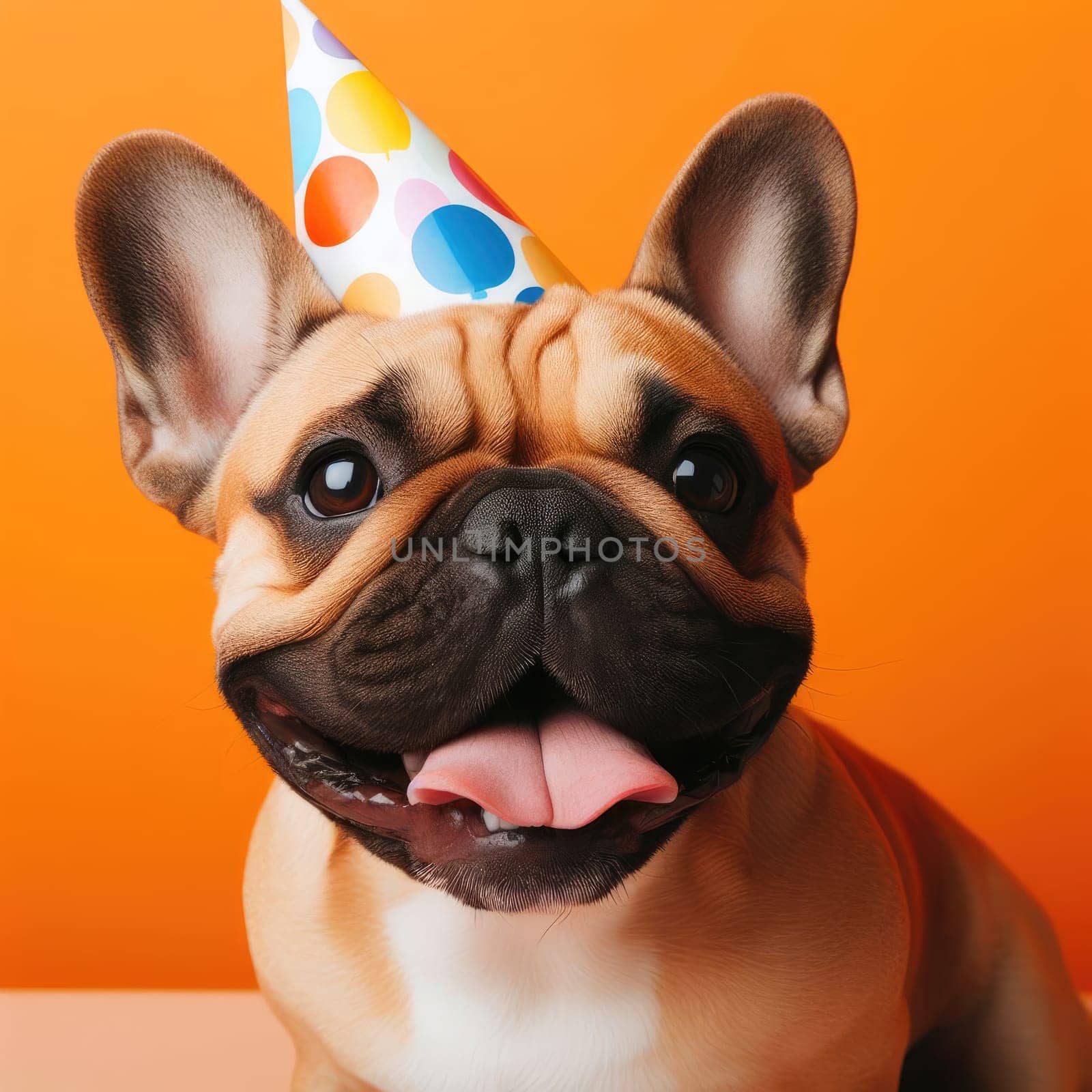 a French bulldog puppy in a birthday hat sits on a white background. the concept of funny adorable pets by Kobysh