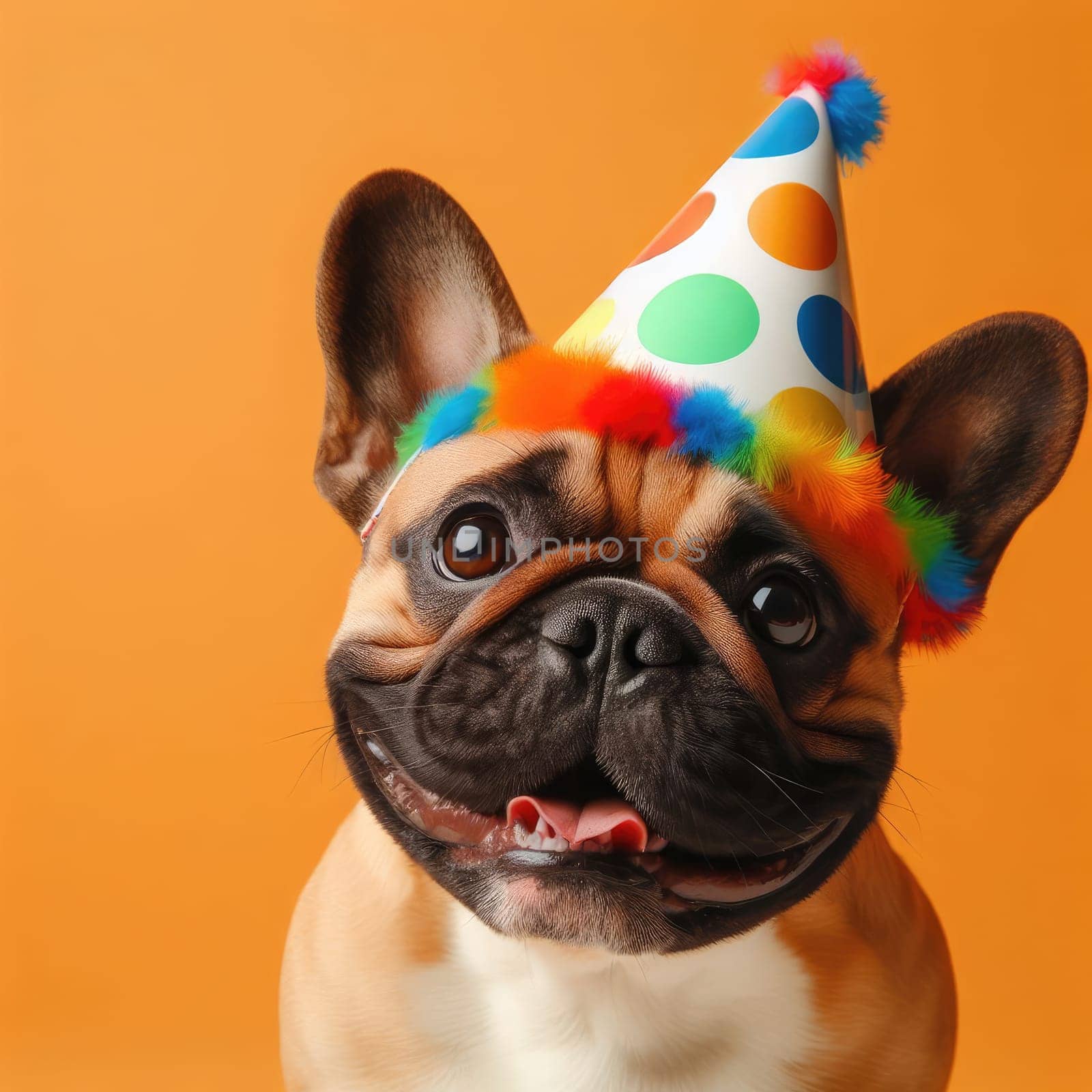 a French bulldog puppy in a birthday hat sits on a white background. the concept of funny adorable pets.