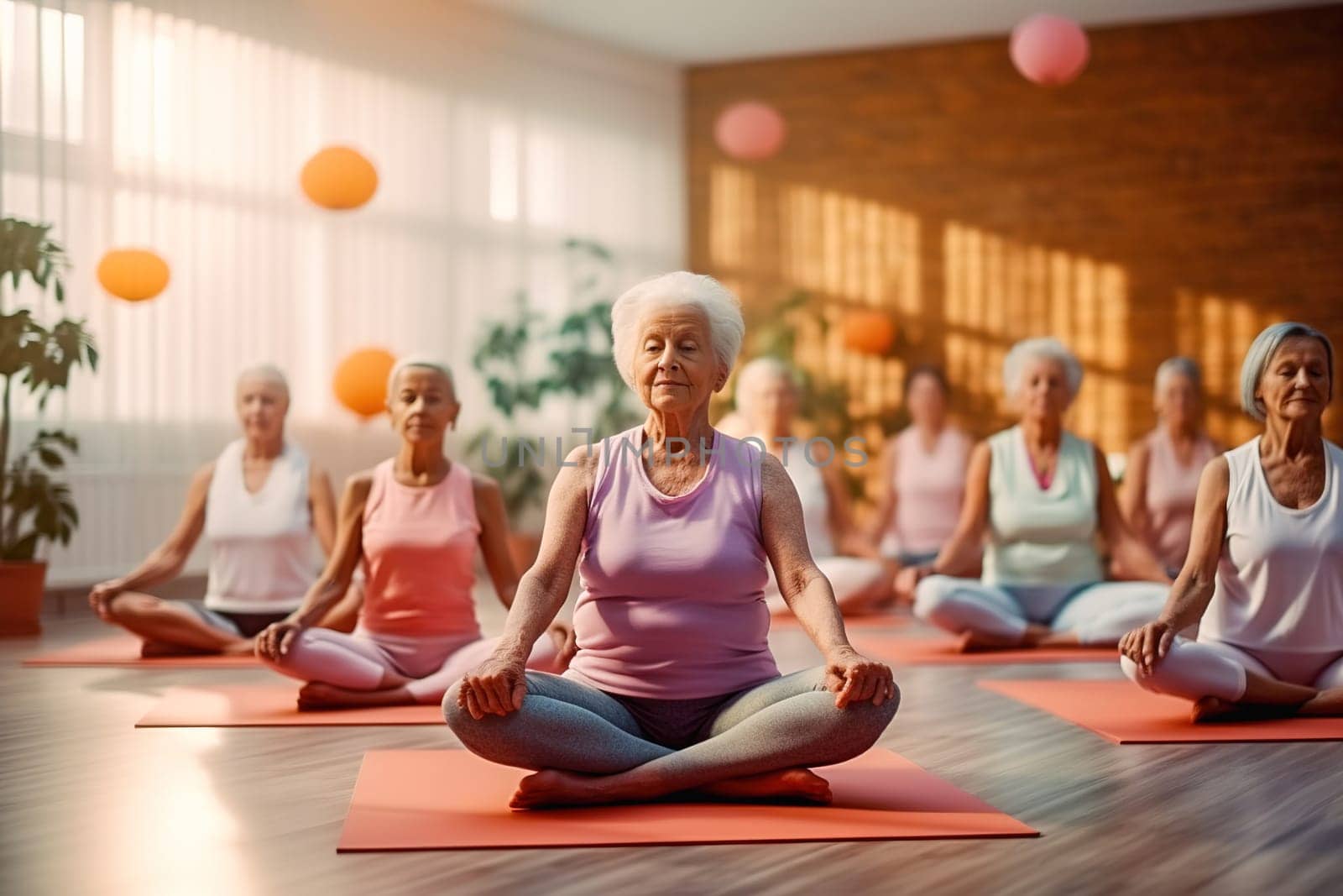 A group of elderly women doing yoga in the hall. High quality photo