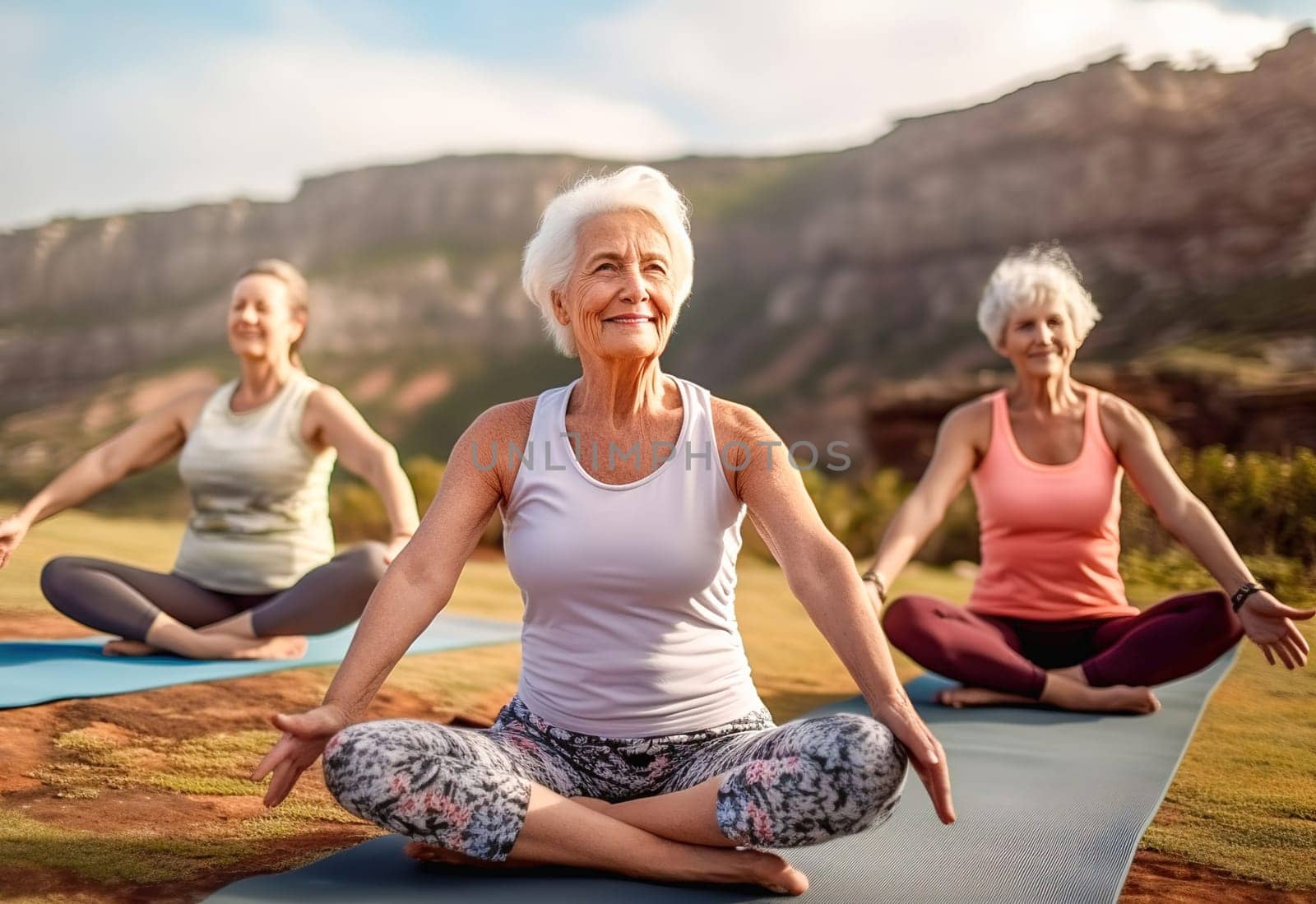 A group of older women doing yoga in the park. High quality photo