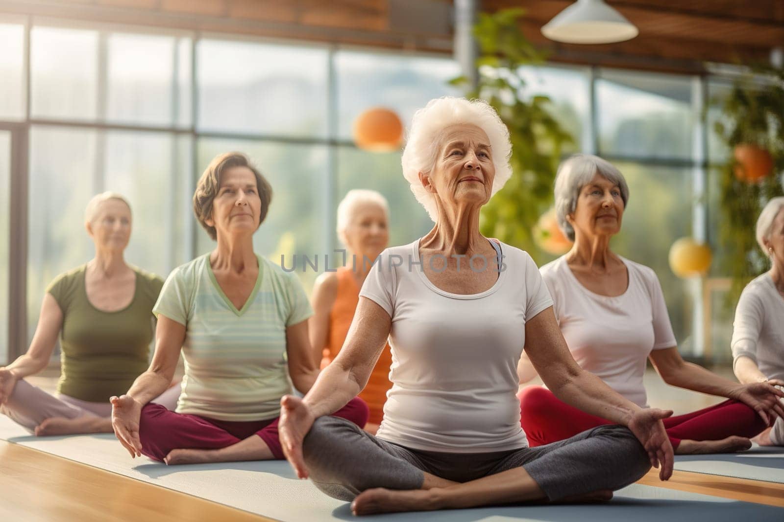 A group of elderly women doing yoga in the hall. High quality photo