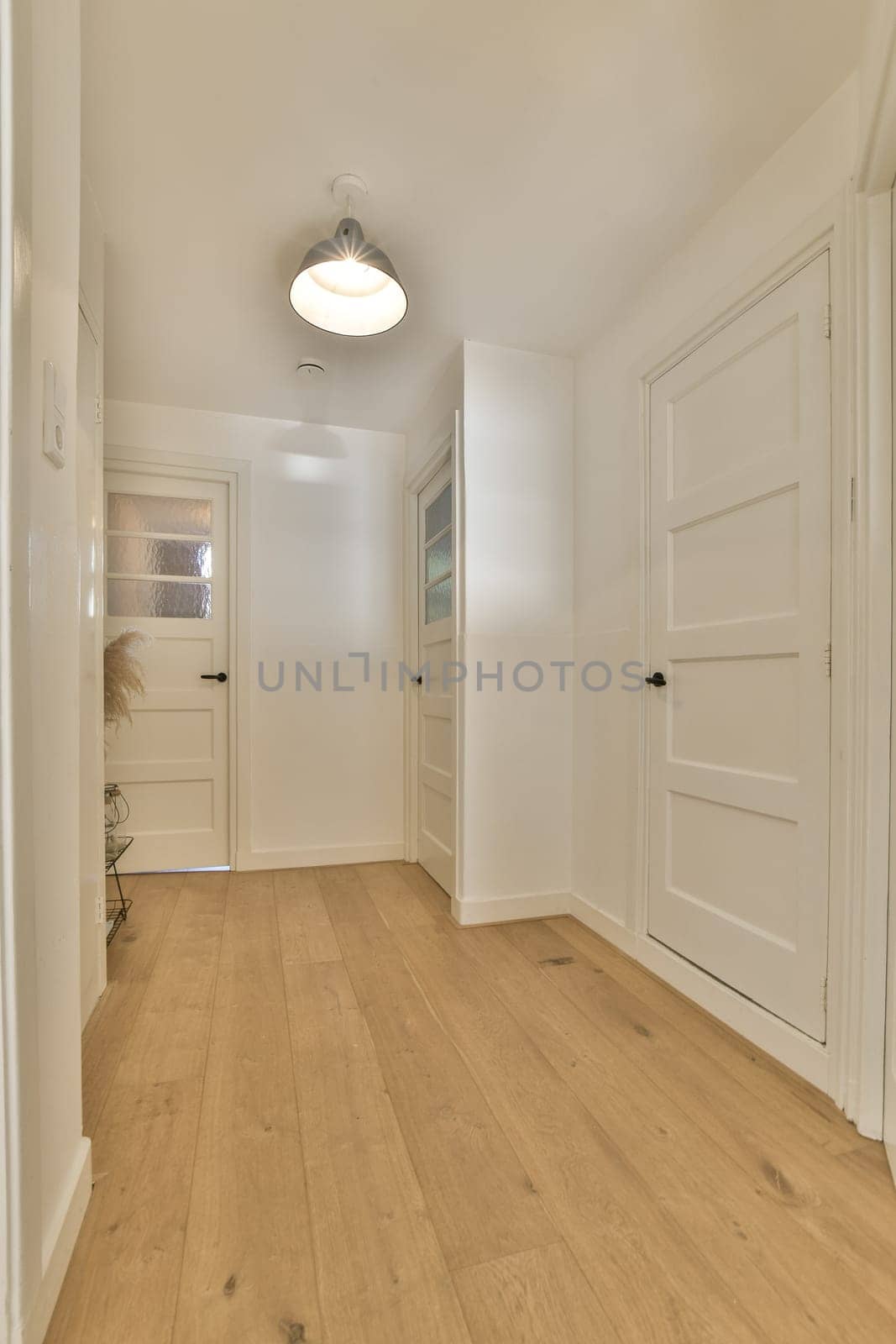 a hallway with white doors and a wooden floor by casamedia