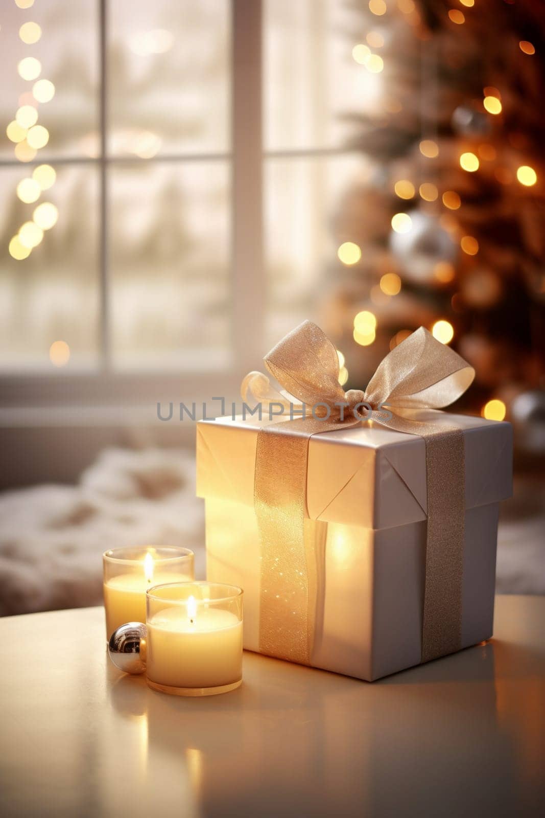 Holiday-themed still life with candles, Christmas decorations, and gifts, cozy intimacy feeling - AI generative