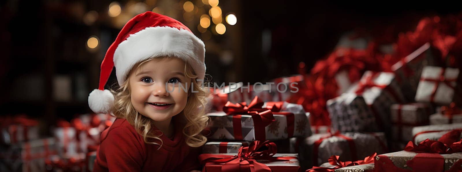 Cute little girl dressed up as Santa Claus surrounded by Christmas presents - Generative AI by chrisroll