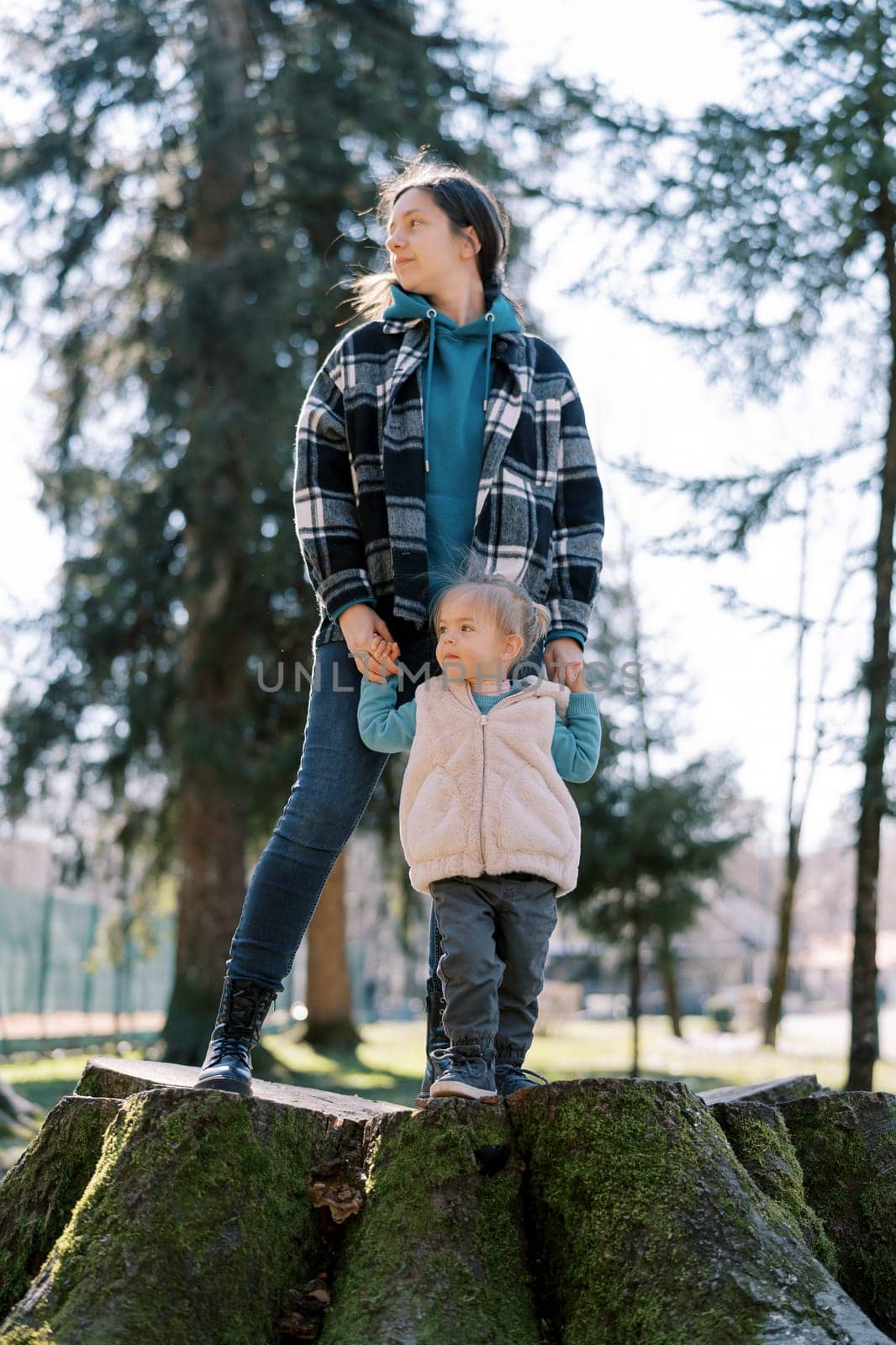 Mom with a little girl stand on a huge stump in a sunny meadow and look away. High quality photo
