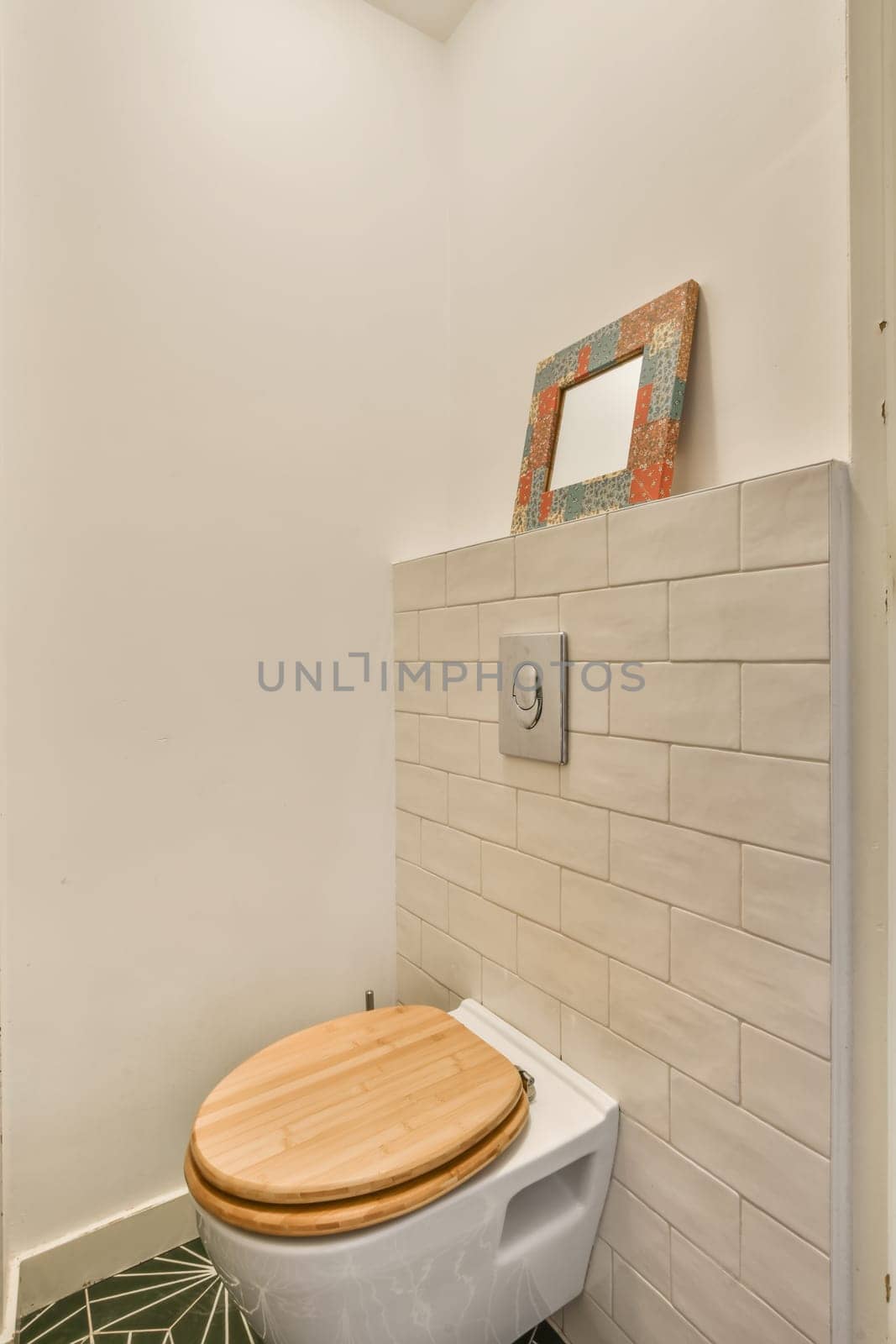a bathroom with a toilet with a wooden lid by casamedia