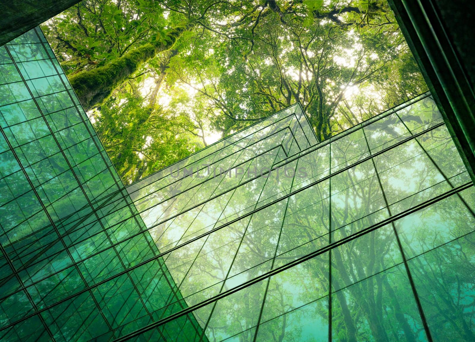 Eco-friendly building in the modern city. Sustainable glass office building with tree for reducing heat and carbon dioxide. Office building with green environment. Corporate building reduce CO2. by Fahroni
