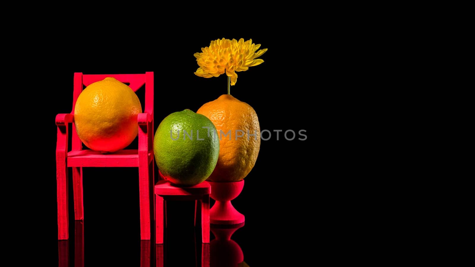 Creative still life with two lemons and lime on a black background. Family portrait.