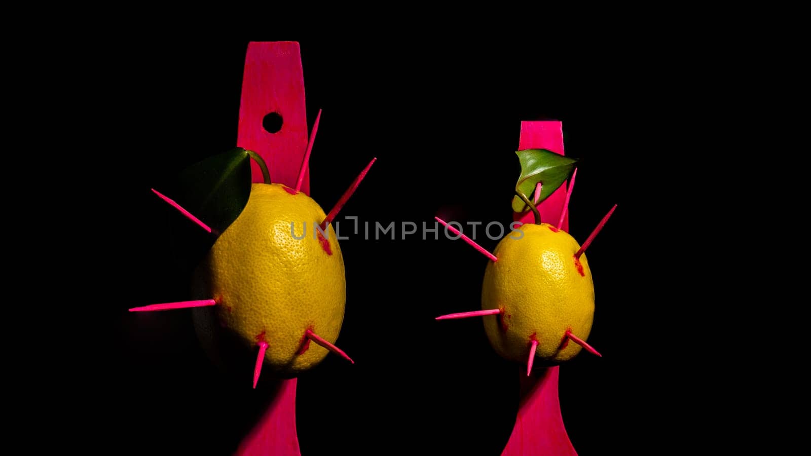 Creative still life with two lemons struck by arrows on a black background