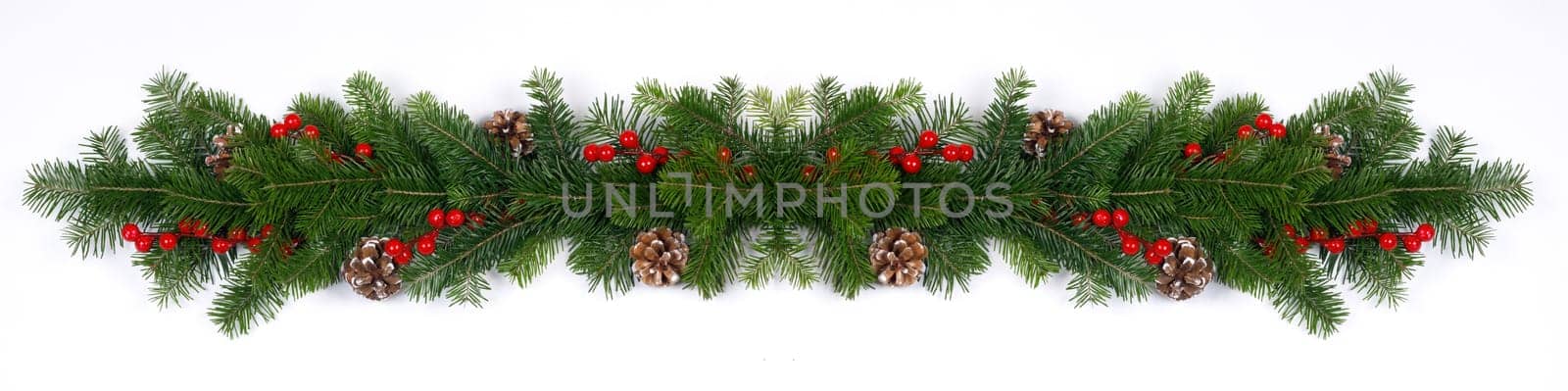 Christmas decoration design element of fir tree branches pine cones and red berries isolated on white background stripe border frame template