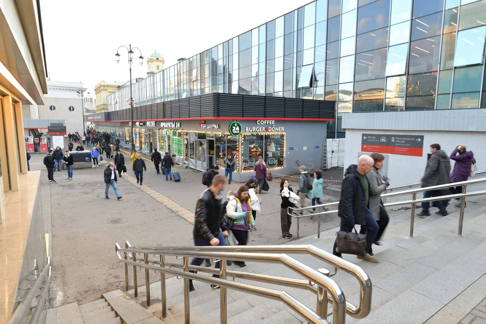 Moscow, Russia - Nov 1. 2023. Area of Leningradsky railway station with people and cafe