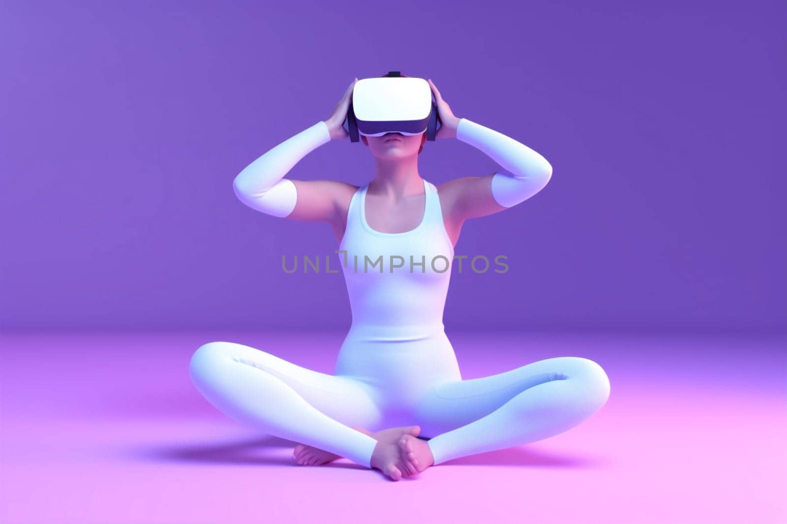 woman sport vr neon digital reality innovation colorful smart render 3d entertainment virtual background science game glasses yoga creative lifestyle headset connect. Generative AI.