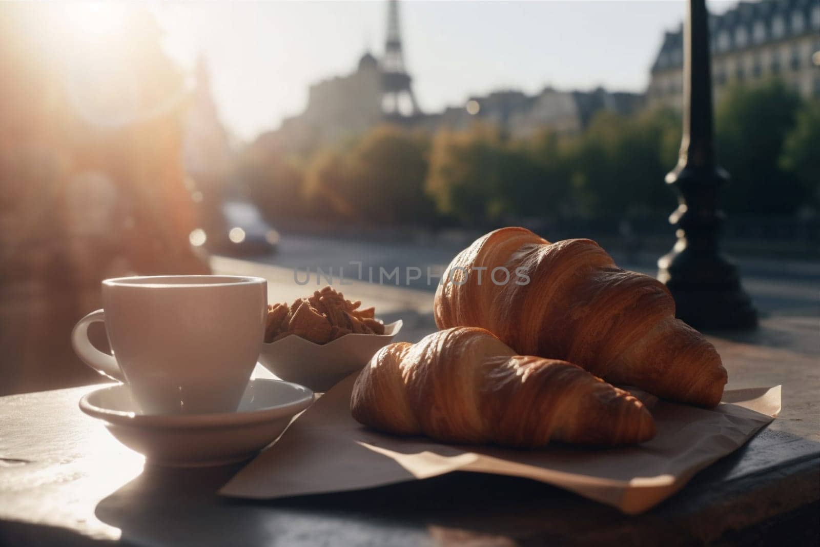 bakery tower european france food landscape bar cup bread breakfast nobody french cafe croissant city tower paris europe eiffel drink table. Generative AI.