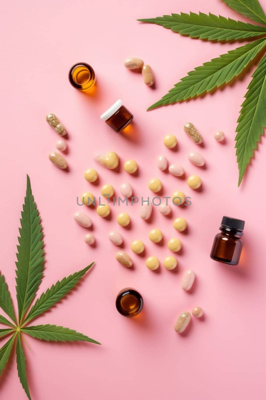 cannabis capsule natural plant medicine pill herb herbal oil leaf. Generative AI. by Vichizh