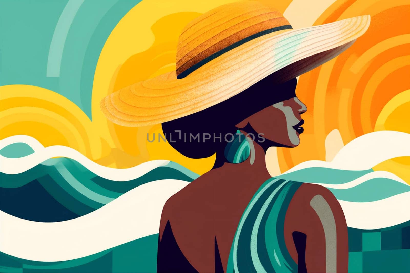 woman beige fashion vacation hat american ocean beautiful girl sun graphic african illustration black poster beach young relax tanned cartoon concept summer. Generative AI.