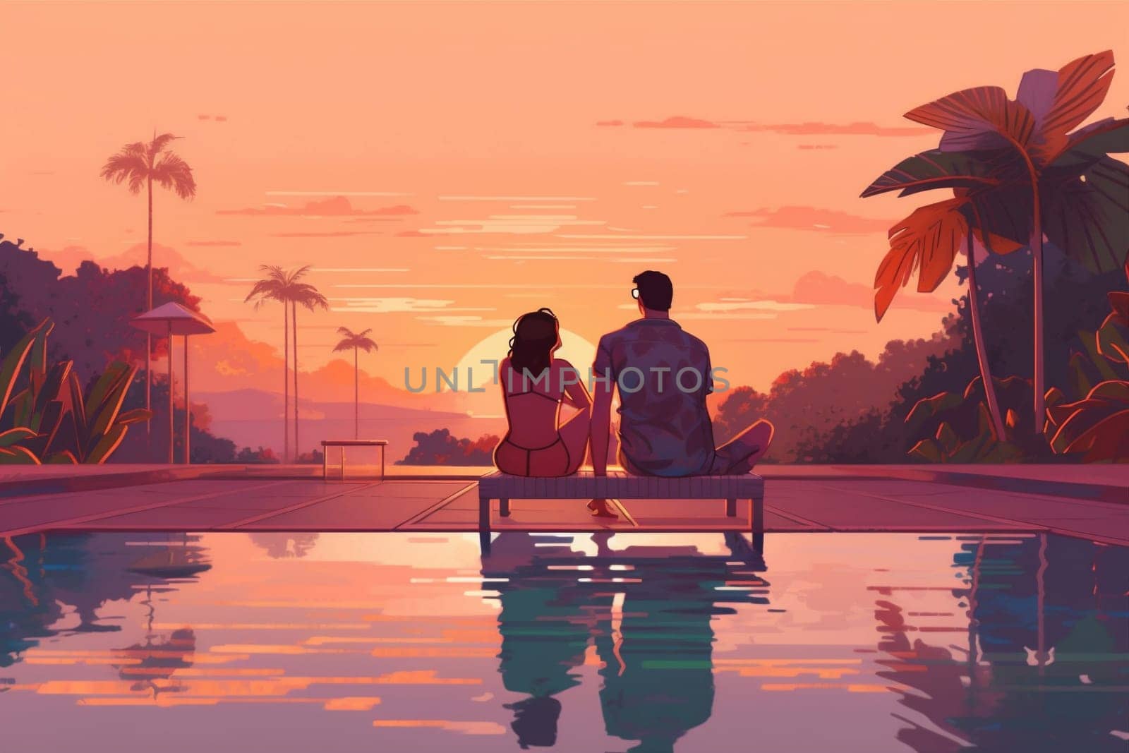 sunset swimming couple relax travel pool back romantic vacation honeymoon. Generative AI. by Vichizh