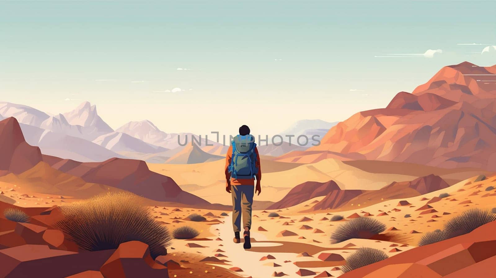 walking man travel landscape adventure trekking trek journey desert backpack hike. Generative AI. by Vichizh