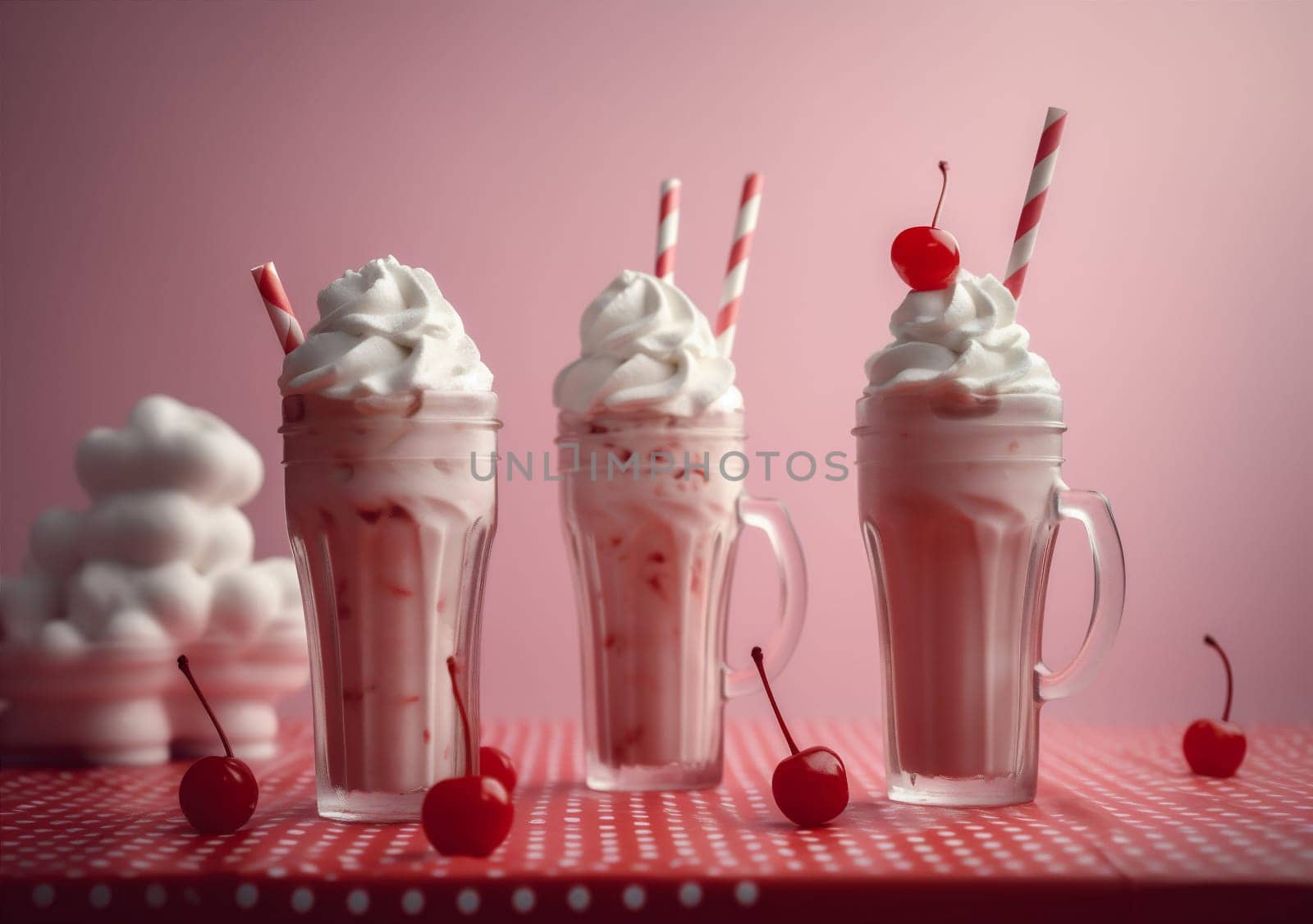 beverage sweet drink retro glass pink ice milkshake cocktail cream. Generative AI. by Vichizh