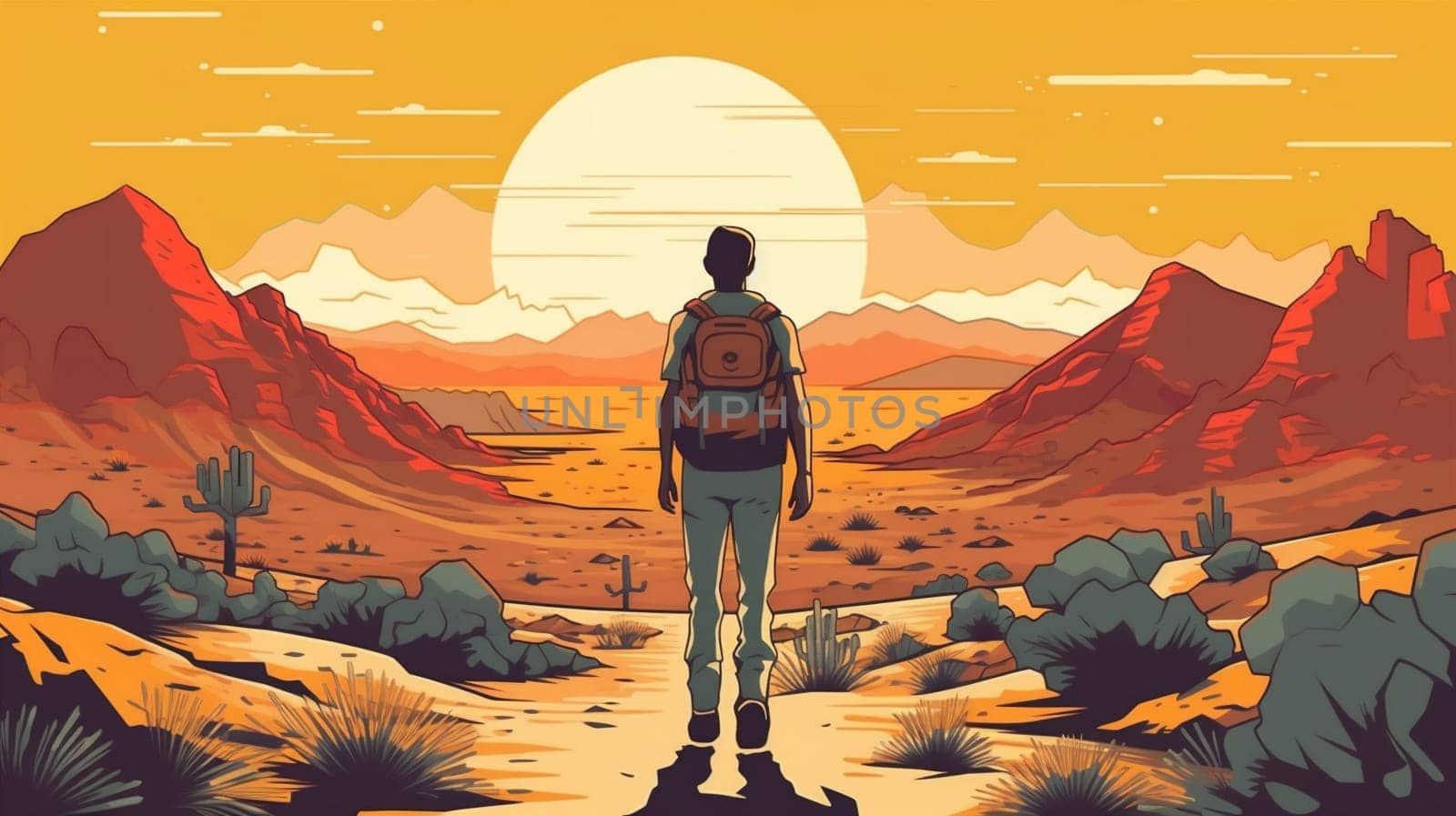 man hike adventure trek travel journey backpack hiking walking landscape desert. Generative AI. by Vichizh
