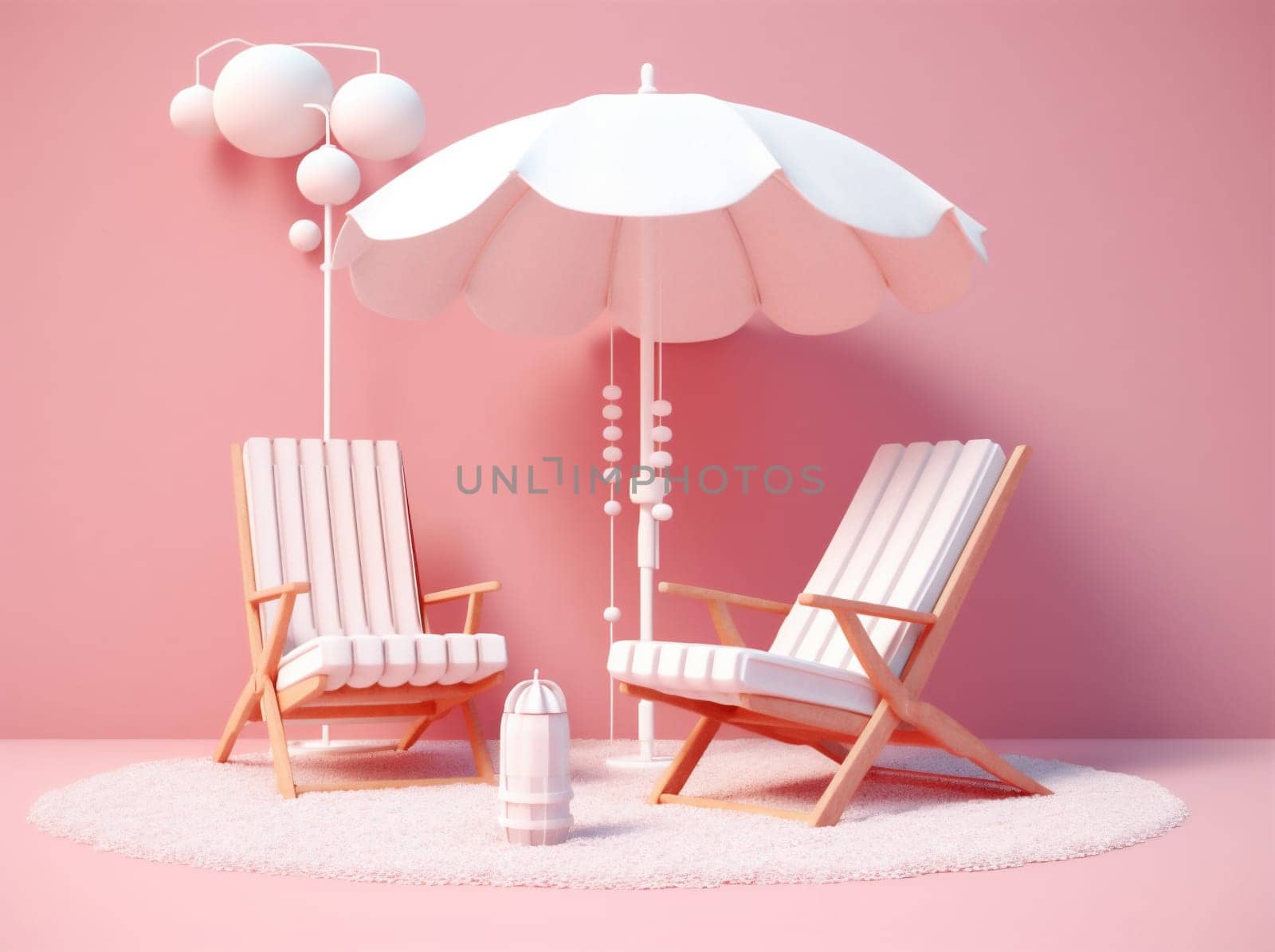 sand umbrella chair pink parasol sun holiday summer retro vacation. Generative AI. by Vichizh