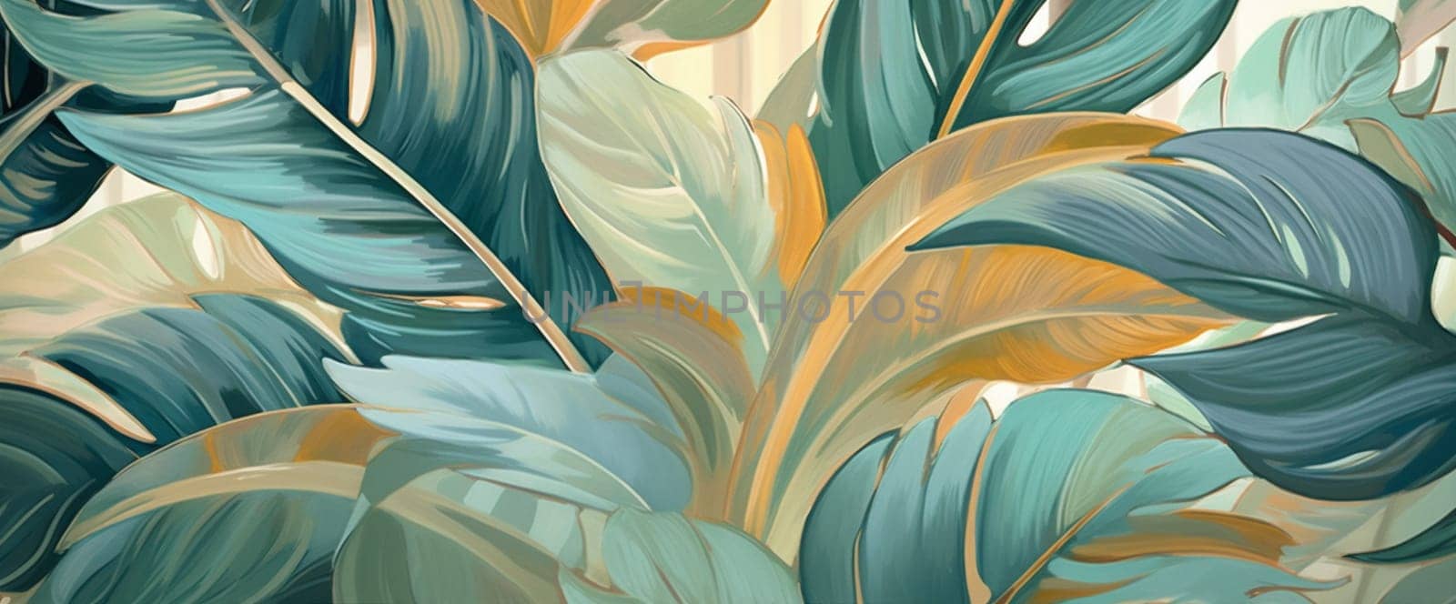 pattern minimal dark beautiful gold tropical leaf texture hawaiian wallpaper nature concept background natural jungle modern foliage colourful design green monstera. Generative AI.