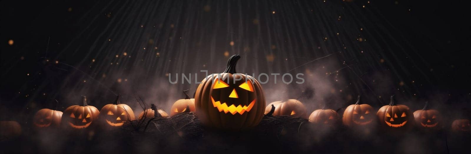 blue glowing black halloween sky night bat mystery pumpkin candle holiday jack-o-lantern background horror fear illustration wooden wood lantern creepy table. Generative AI.
