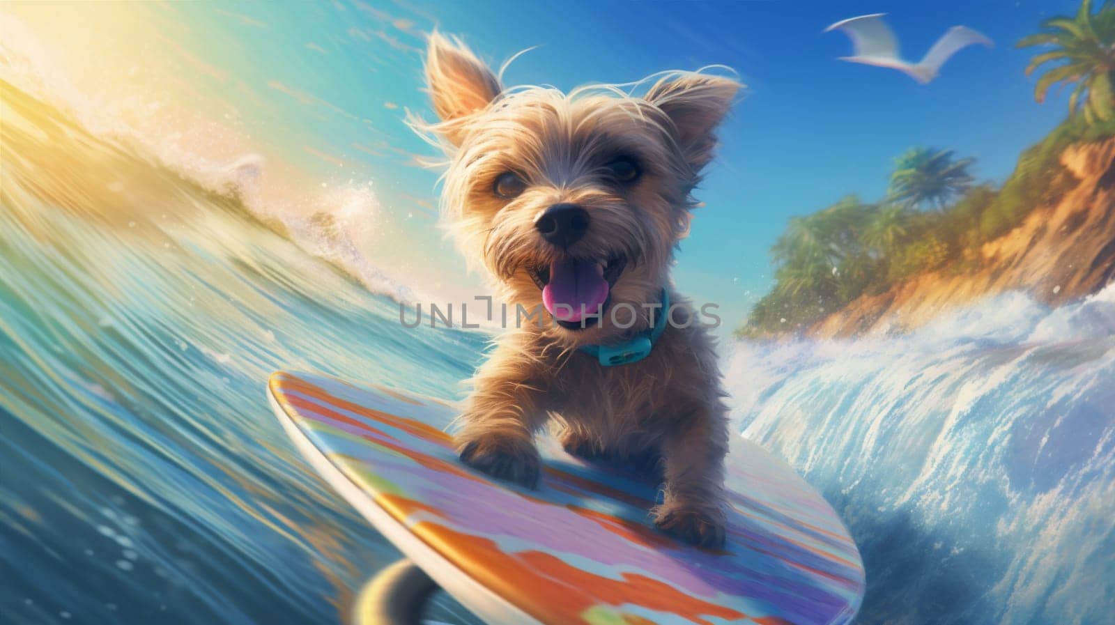 dog summer surfer labrador isolated flower fun vacation animal puppy funny wave holiday ocean surfboard power tropical travel beach retro. Generative AI.