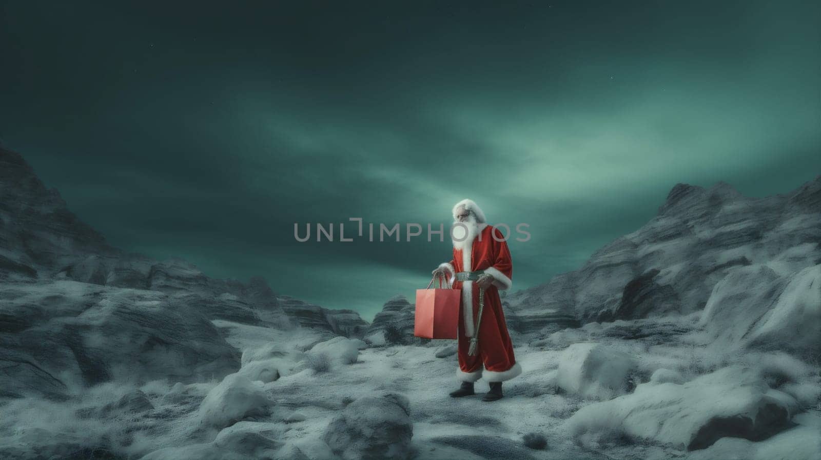 winter mountain christmas sky costume snow night holiday nature santa. Generative AI. by Vichizh