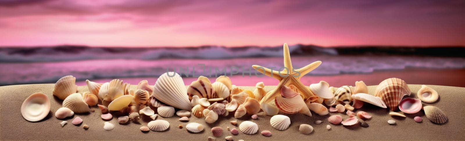 sand tropical beach ocean nature shell holiday banner sea summer. Generative AI. by Vichizh