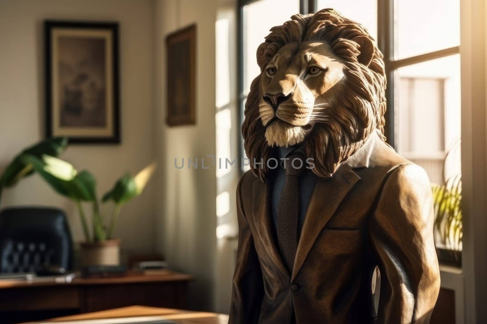 Add a touch of royalty to your office decor with this iconic photo of a lion wearing a suit and tie, a perfect symbol of strength and nobility. AI Generative.