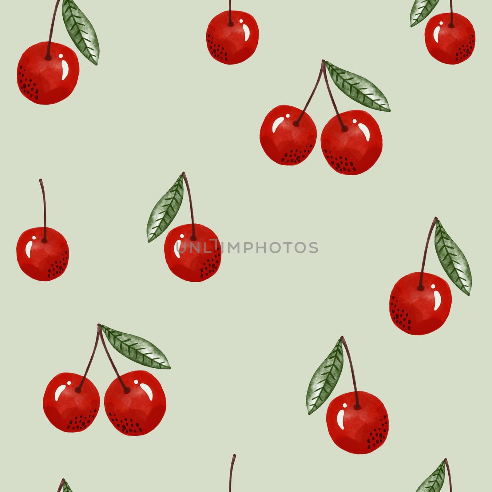 Watercolor cherry pattern. Great for fabric textile, fabric, apparel. Summer berry texture.