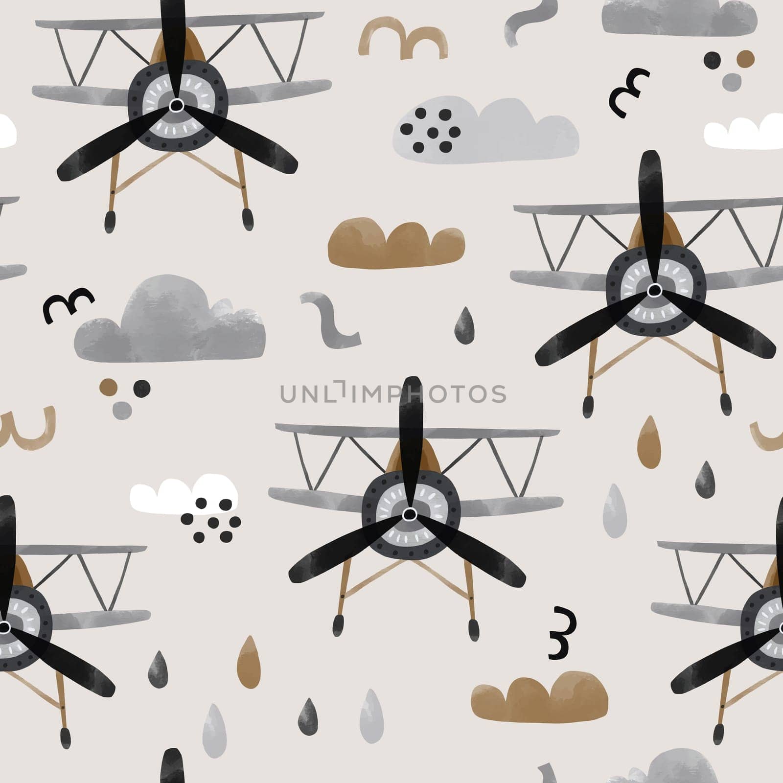 Watercolor seamless pattern with retro aircraft, clouds, drops. Childish texture with airplane.  illustration. by solmariart