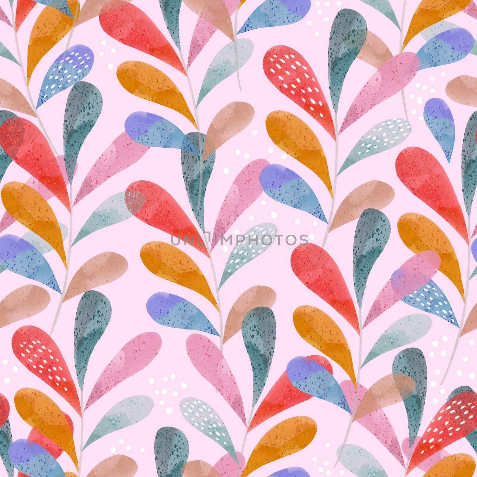 Watercolor colorful floral pattern. Seamless leaves pink texture. Great for for fabric textile, apparel, wallpaper. by solmariart