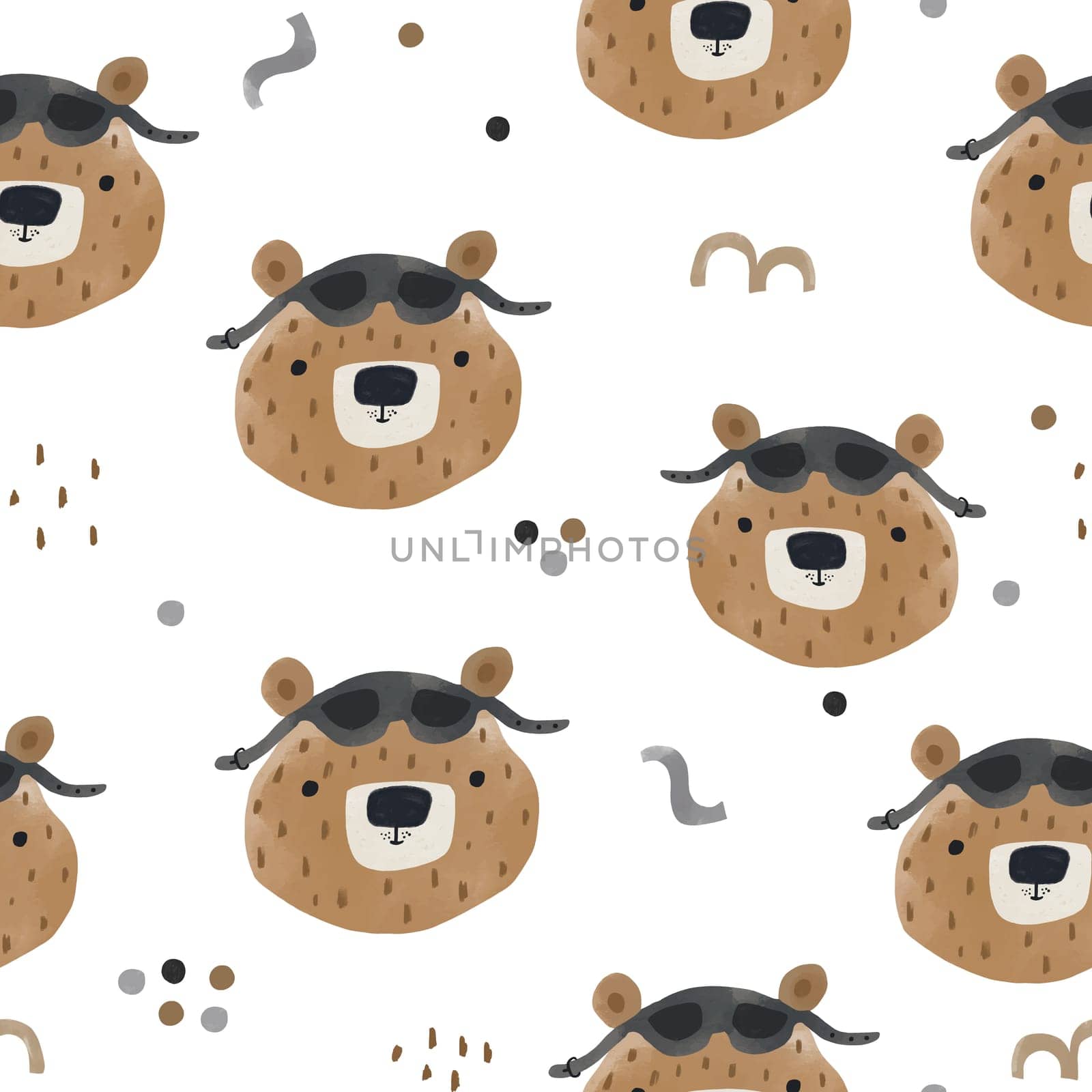 Funny bear pilot watercolour seamless pattern. Childish  texture with cartoon bear. by solmariart