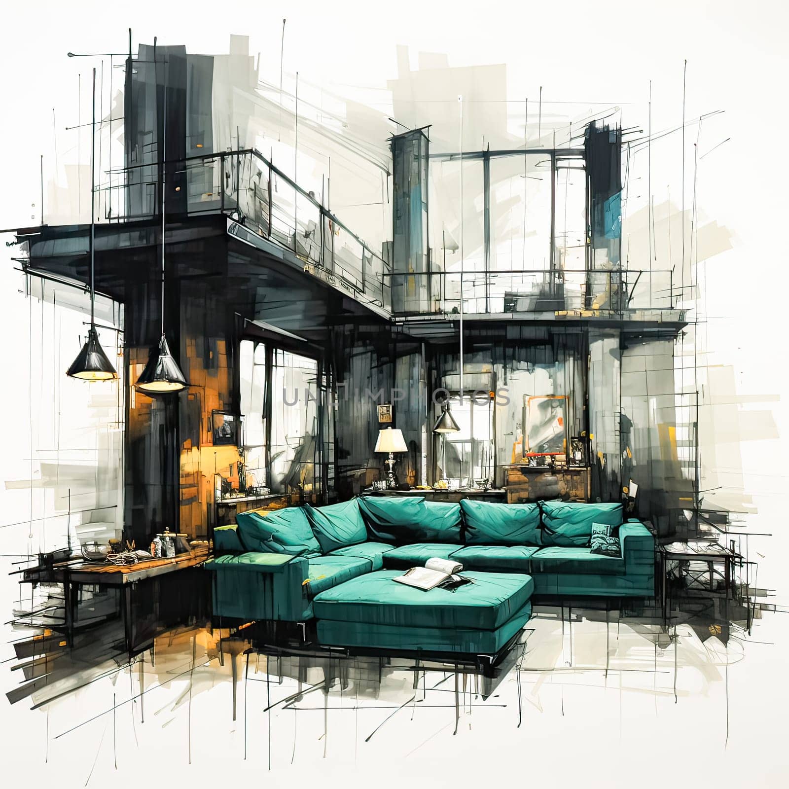 Loft Elegance, Watercolor sketch of a stylish loft apartment, a harmonious fusion of design and artistry