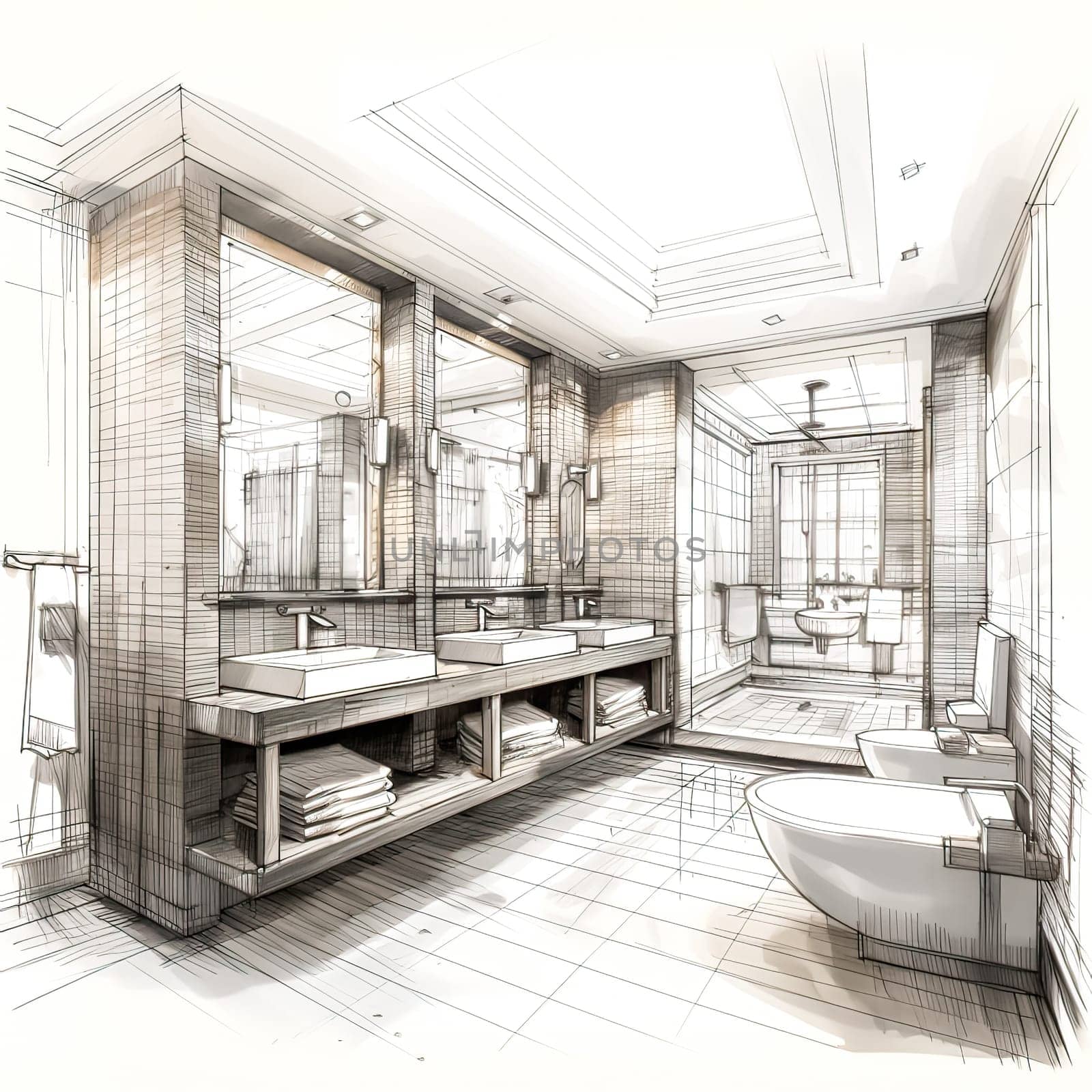 Modern Bath Art, Watercolor sketch captures the chic interior design of a contemporary bathroom