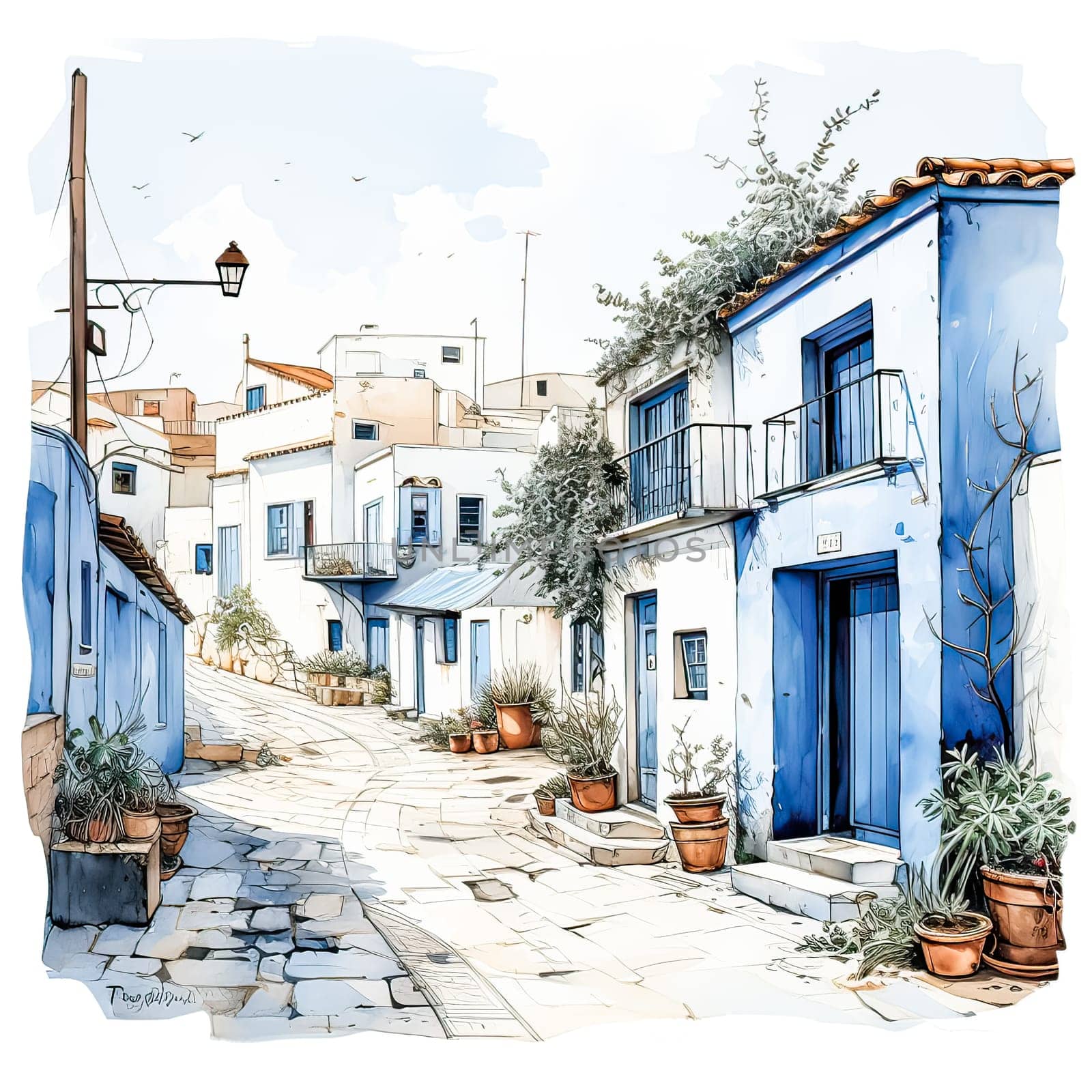 Moroccan Oasis, Watercolor sketch showcases charming Moroccan style houses on lush streets in a scenic landscape