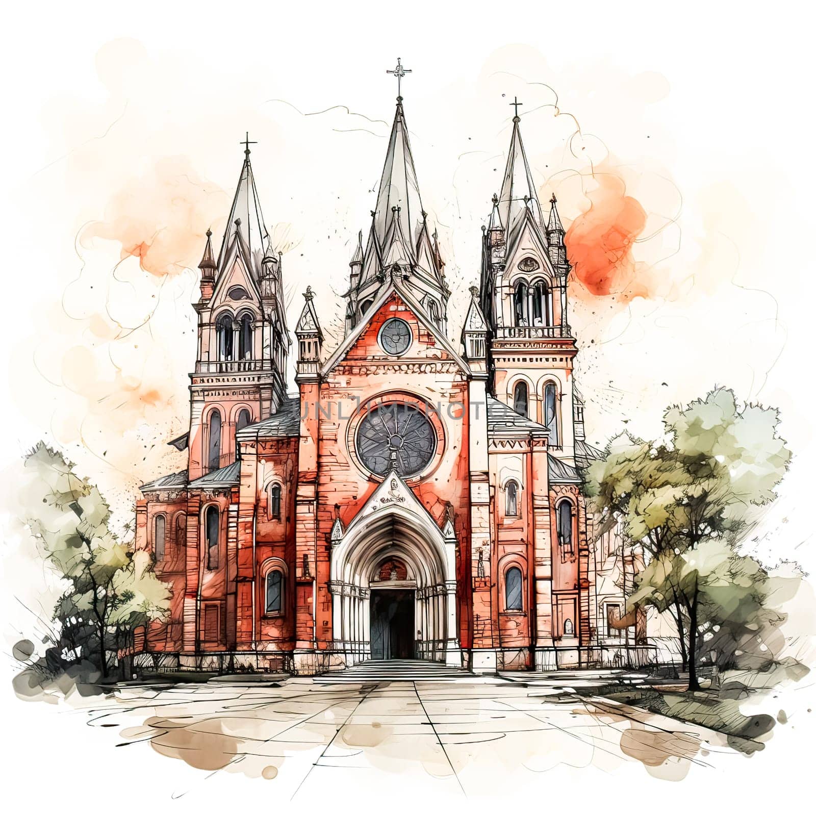 Serenity in Watercolor, A charming church in nature, captured in an artistic landscape sketch