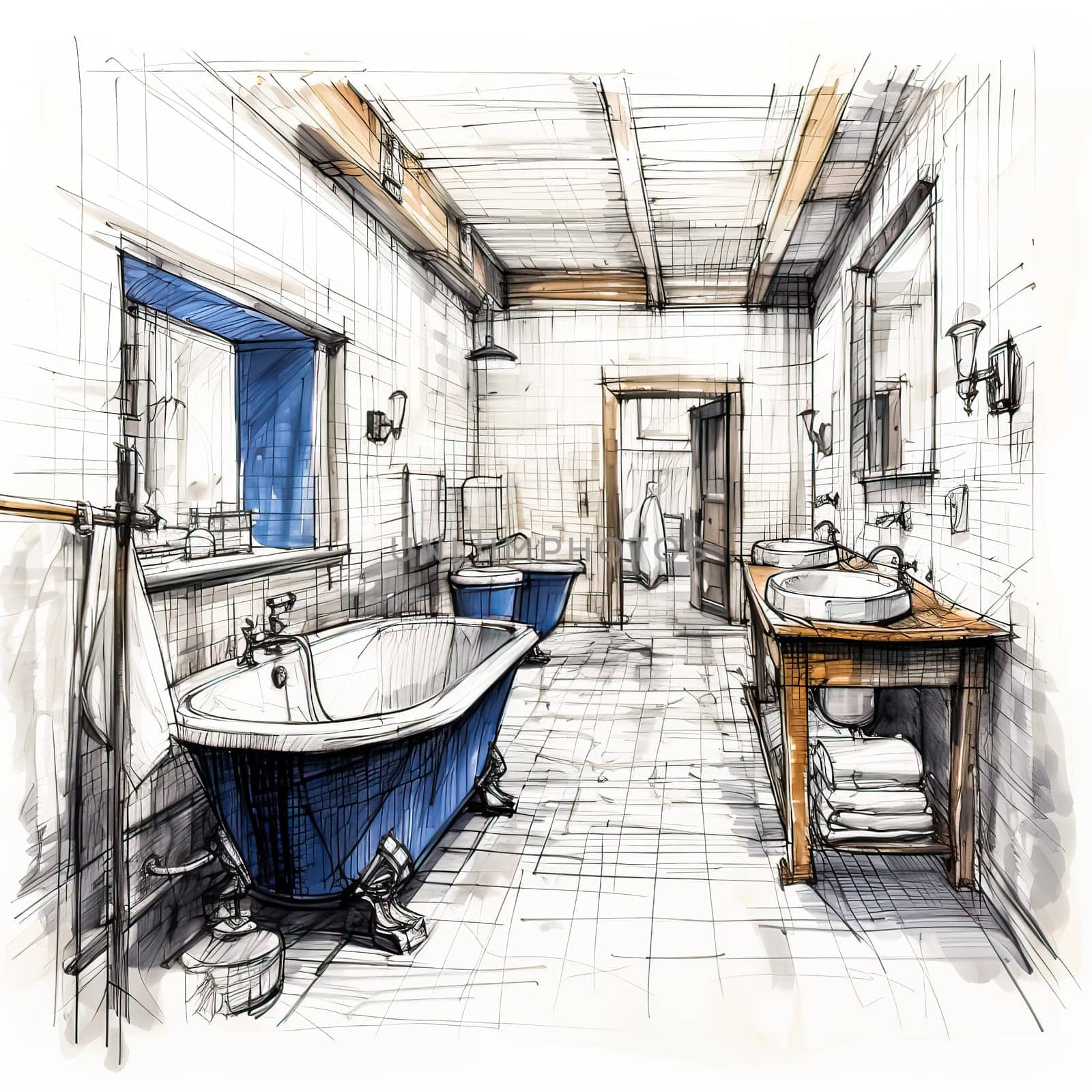 Bathroom Elegance, Watercolor sketch of a modern bath space, blending art and interior design seamlessly