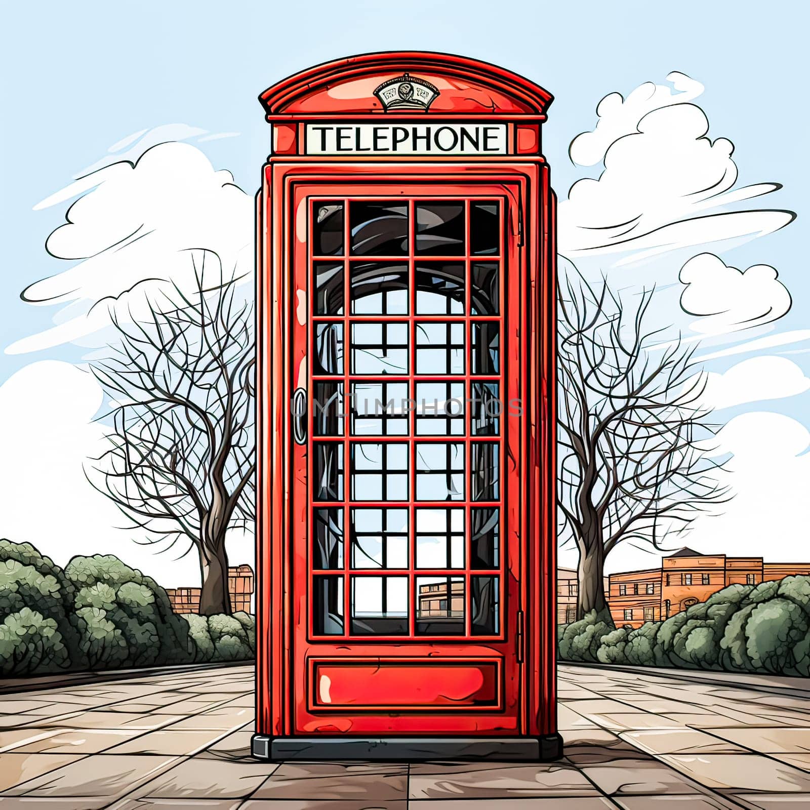 Londons Iconic Phone Booth, A watercolor sketch captures the classic red booth amidst a charming street scene