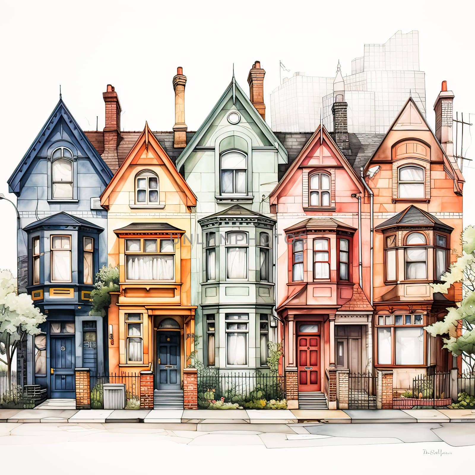 Architectural Beauty, Watercolor art showcases intricate European house details in a picturesque sketch