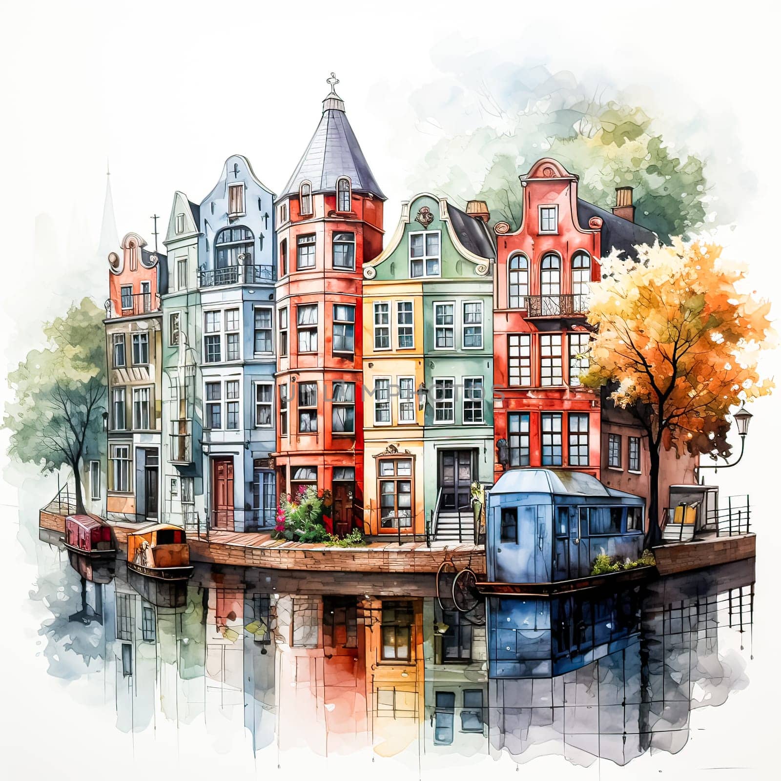 Amsterdams Charm, A watercolor sketch paints a vivid landscape with the iconic colorful houses against a natural backdrop
