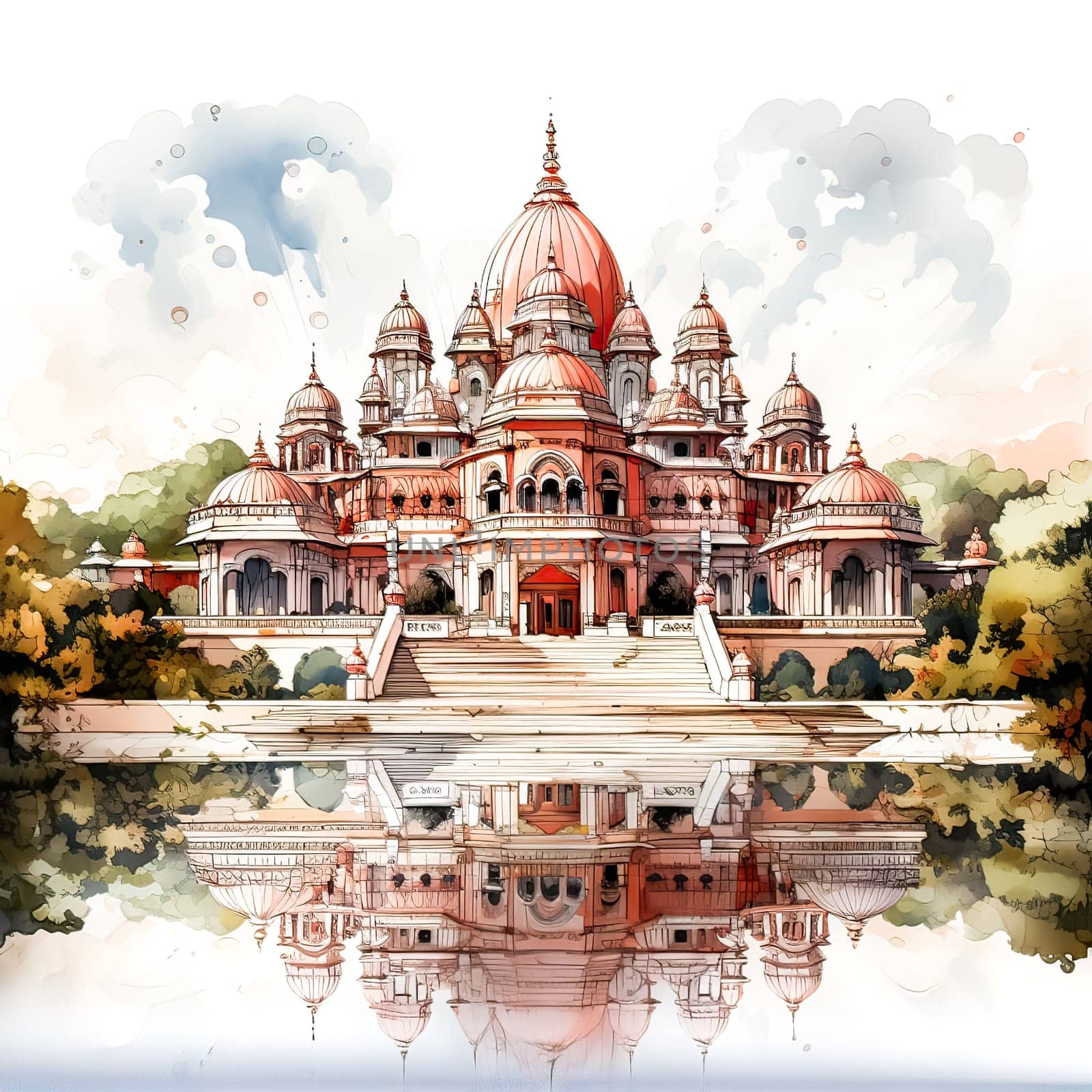 Temple Tranquility, Watercolor sketch of an elegant Indian-style shrine amidst the serene beauty of nature