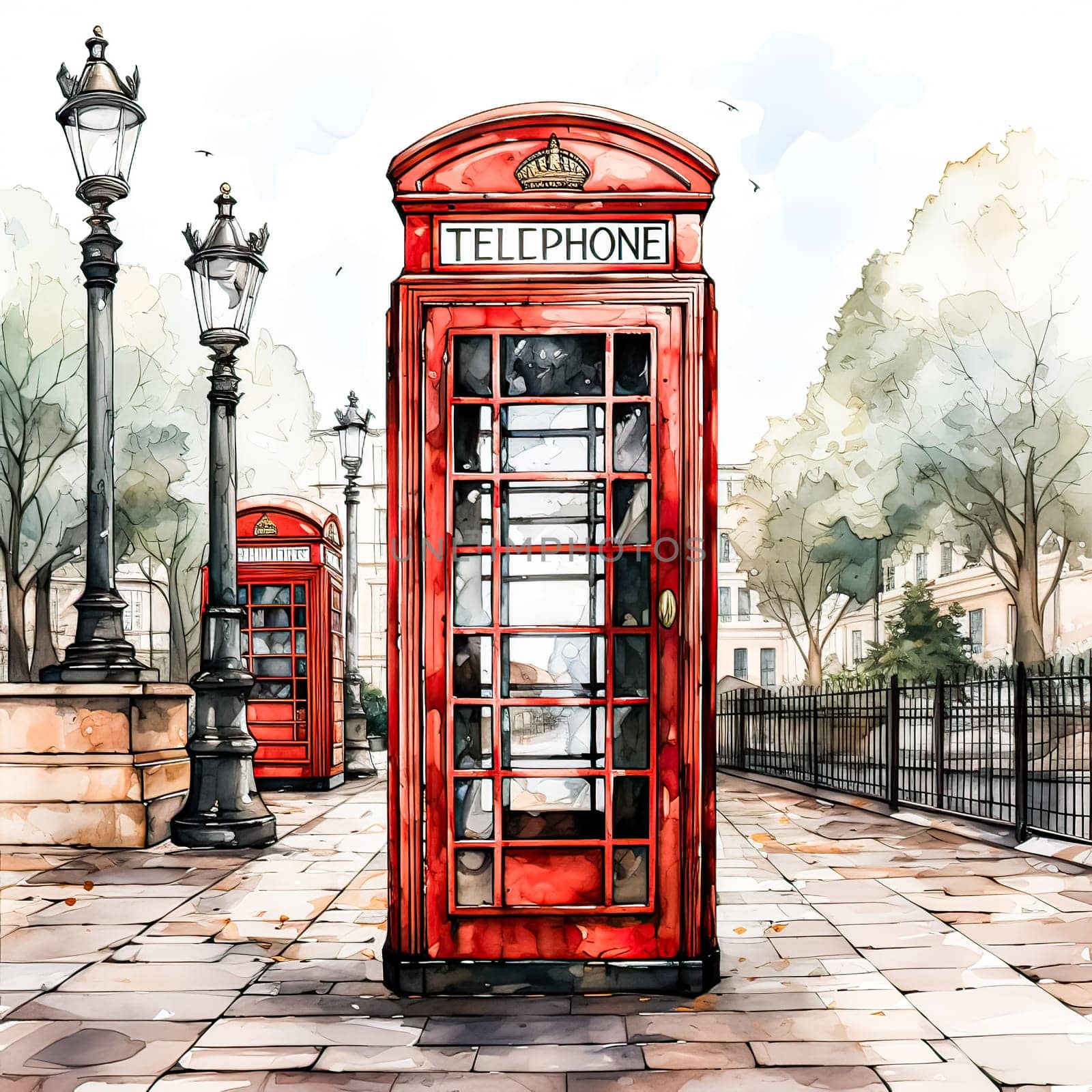 British Street Artistry, Watercolor sketch of Londons telephone booth, adding color to a scenic street landscape