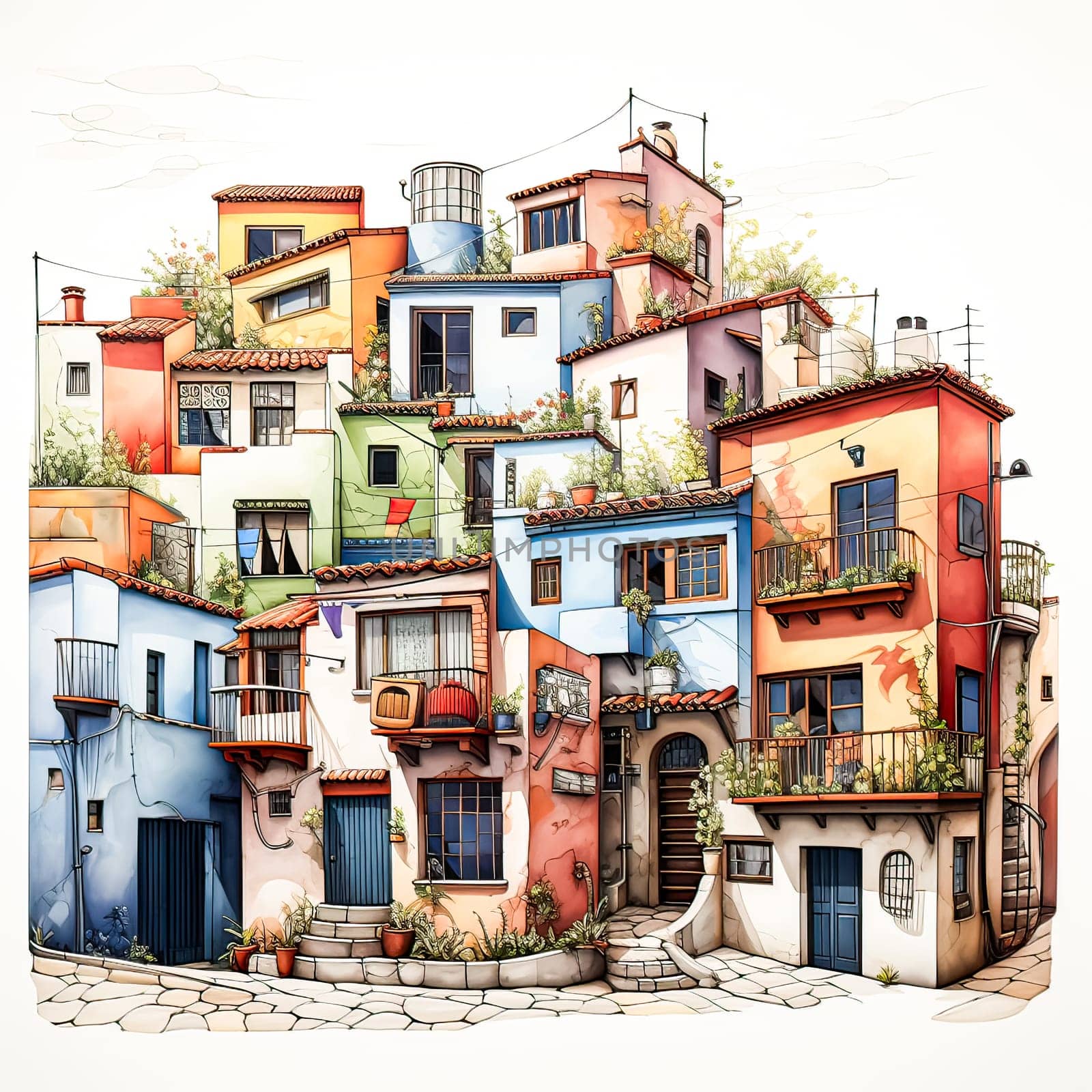 Watercolor liner sketch of a charming street with multi colored houses in Spanish style by Alla_Morozova93