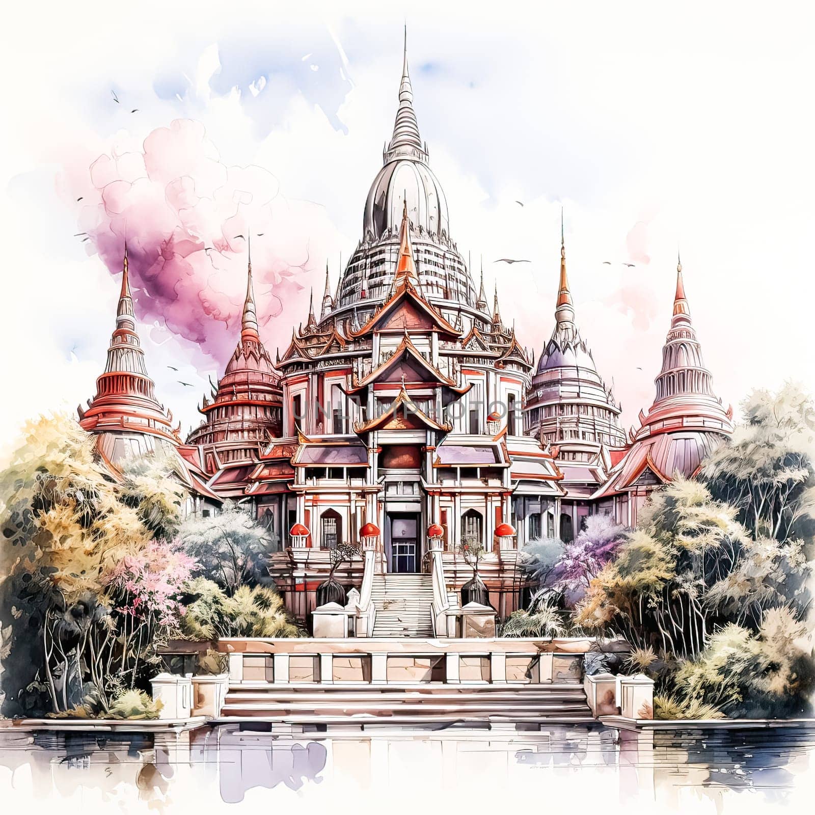 Sketch in watercolor liners celebrates the serene beauty of an ancient Thai style temple by Alla_Morozova93